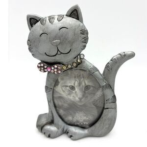 Vintage Pewter Cat Picture Frame Tabletop Jeweled Collar